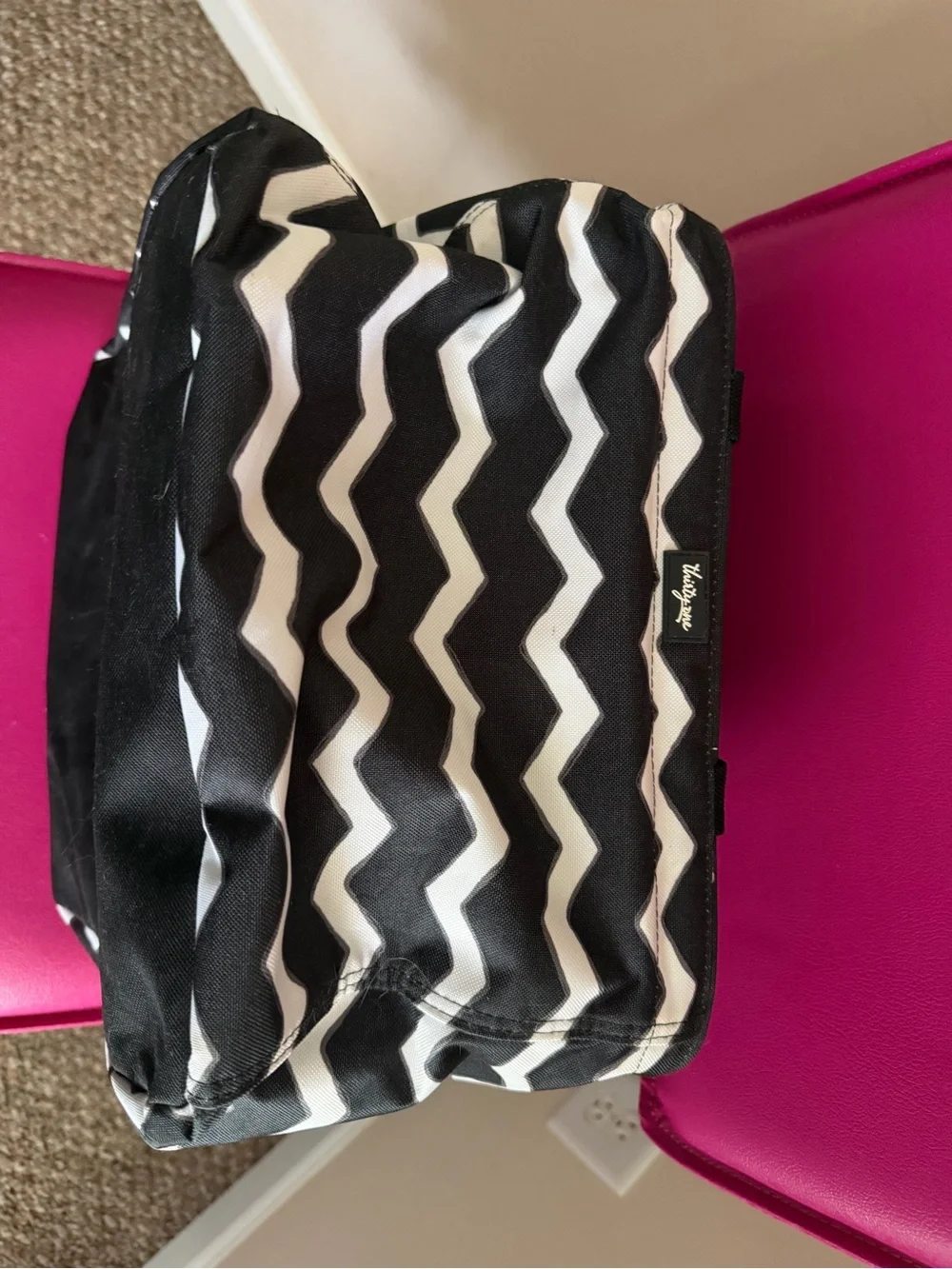 Thirty-One Square Utility Tote in black and white chevron